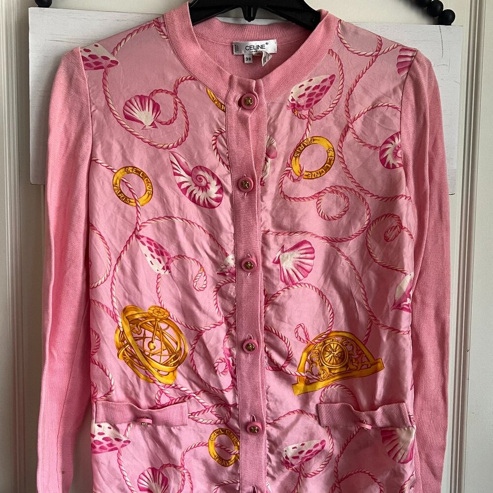 CELINE Paris Pink Silk Cotton Button Down Cardigan Sweater Seashells Ropes 38 6
